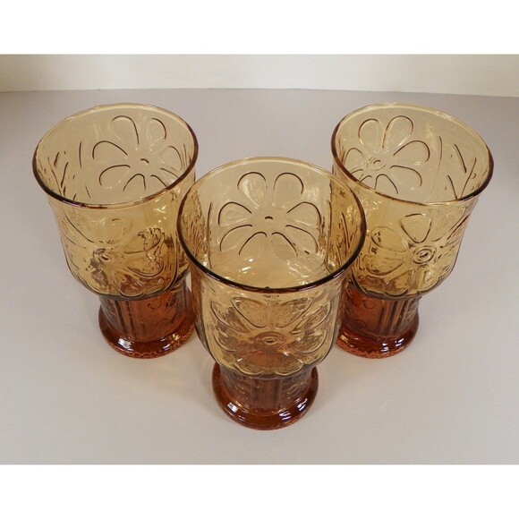 Libbey COUNTRY GARDEN Daisy Pattern Amber Glass Cooler Tumbler (s) LOT OF 3 - Picture 2 of 8